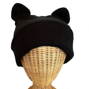 Pugs Cat Ear Black Knit Beanie Hat With Sparkles Ears Size O/S